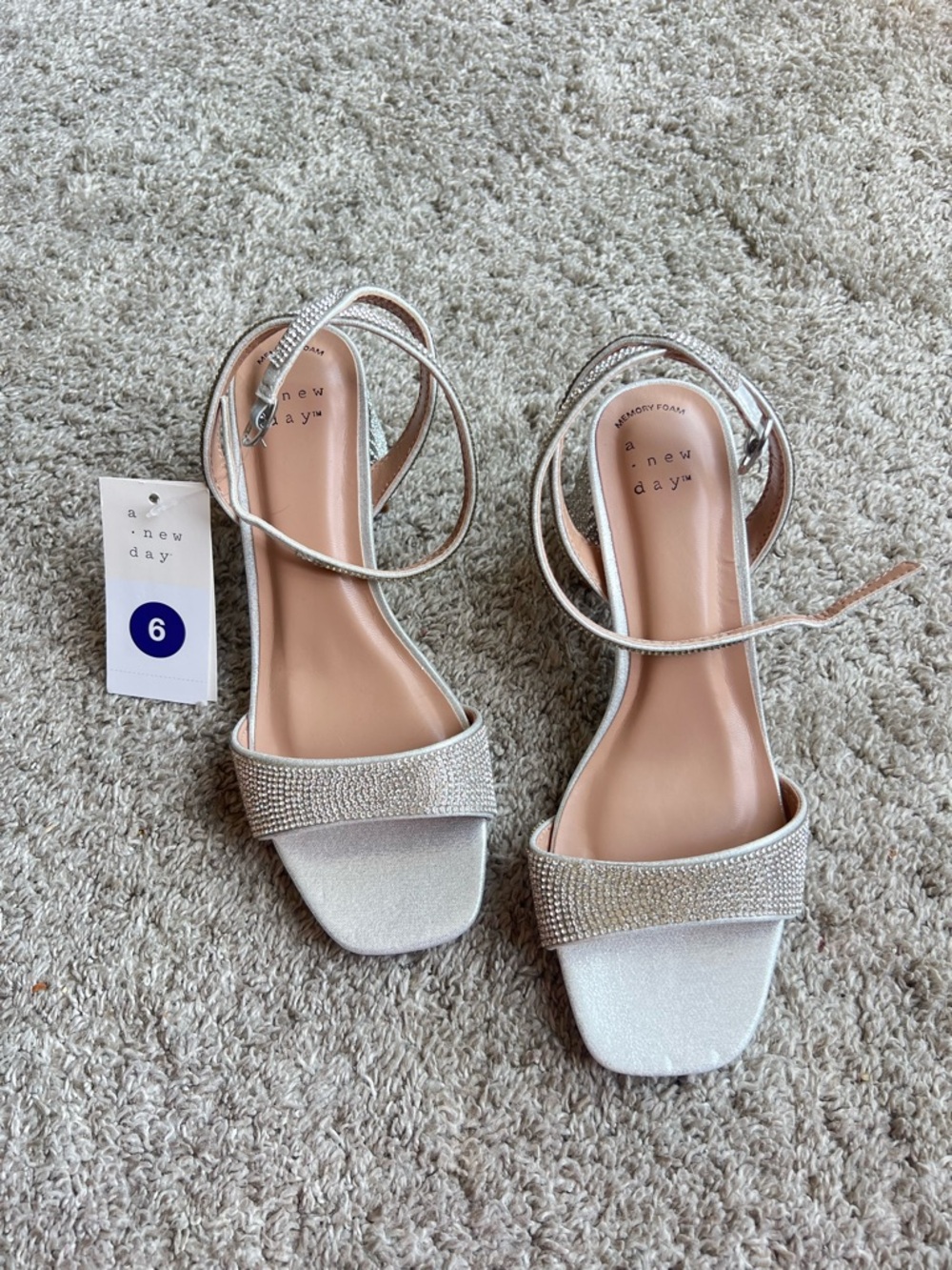 a new day Silver Rhinestone Ankle-Strap Heels. Size 6
